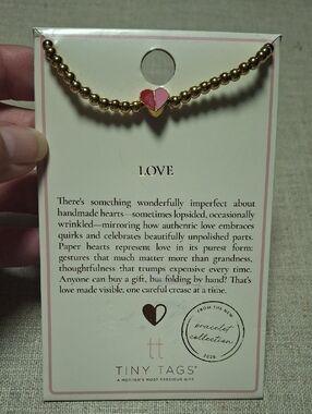 Tiny Tags Gold Beaded Bracelet with Pink Heart Charm